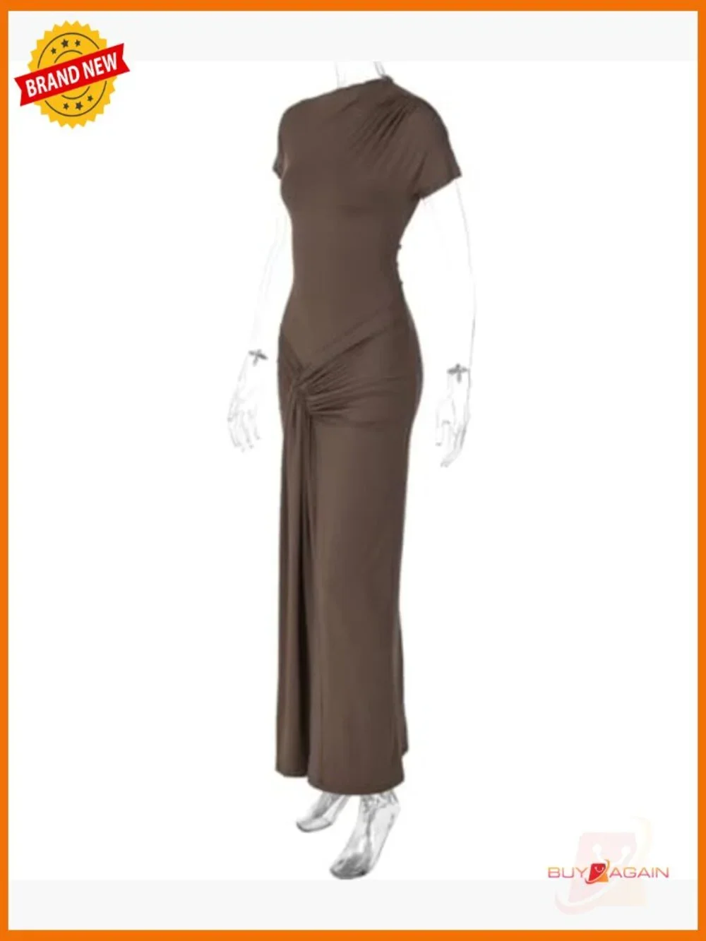 Bodycon Maxi Dress Mock Neck Lace Up Bandage Ruched Short Sleeve Cocktail Dress - Picture 6 of 7